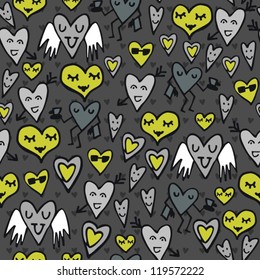 green gray lovely abstract seamless pattern with funny hearts on dark background