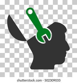 Green And Gray Mind Wrench Surgery interface toolbar pictogram. Vector pictograph style is a flat bicolor symbol on chess transparent background.