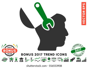 Green And Gray Mind Wrench Surgery icon with bonus 2017 year trend pictograms. Vector illustration style is flat iconic bicolor symbols, white background.