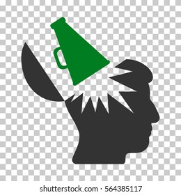 Green And Gray Open Brain Megaphone interface pictogram. Vector pictograph style is a flat bicolor symbol on chess transparent background.