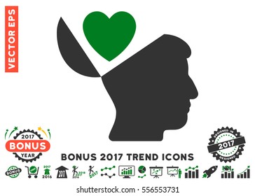 Green And Gray Open Mind Love Heart icon with bonus 2017 year trend icon set. Vector illustration style is flat iconic bicolor symbols, white background.