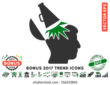 Green And Gray Open Mind Megaphone pictogram with bonus 2017 year trend pictograph collection. Vector illustration style is flat iconic bicolor symbols, white background.