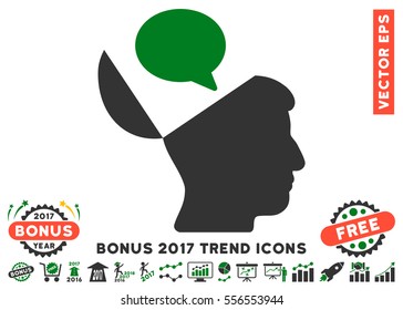 Green And Gray Open Mind Opinion pictogram with bonus 2017 trend pictures. Vector illustration style is flat iconic bicolor symbols, white background.