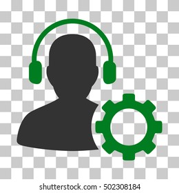 Green And Gray Operator Configuration Gear interface icon. Vector pictograph style is a flat bicolor symbol on chess transparent background.