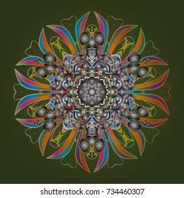 Green, gray and orange snow on green, gray and orange colors. Abstract wallpaper, wrapping decoration. Snowflake simple. Symbol of winter, Merry Christmas holiday, Happy New Year celebration Vector.