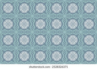 Green and gray oriental flora damask seamless pattern embroidery, art ornament print.  Design for tile, carpet, cover, wallpaper, wrapping paper, fabric, clothing, bag, and decoration.