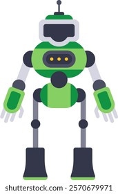 Green and gray robot standing with antenna and lights on its chest, arms extended, in a white background, ideal for technology, innovation and future concepts