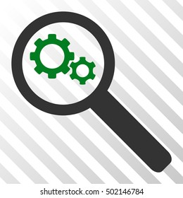 Green And Gray Search Gears Tool interface icon. Vector pictogram style is a flat bicolor symbol on diagonal hatch transparent background.
