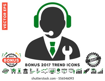 Green And Gray Service Manager icon with bonus 2017 trend elements. Vector illustration style is flat iconic bicolor symbols, white background.