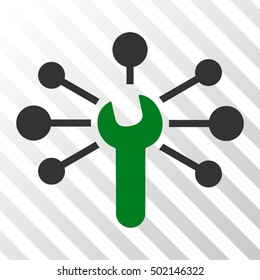 Green And Gray Service Wrench Relations interface toolbar pictogram. Vector pictograph style is a flat bicolor symbol on diagonal hatch transparent background.