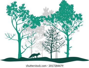 Green and gray set of trees, fox. Silhouettes of forest and animal. Illustration isolated on white background.