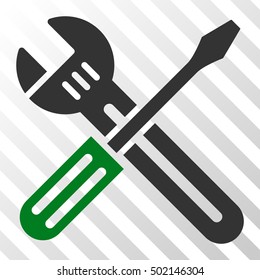 Green And Gray Spanner and Screwdriver toolbar icon. Vector pictograph style is a flat bicolor symbol on diagonal hatch transparent background.