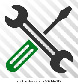 Green And Gray Spanner and Screwdriver toolbar icon. Vector pictograph style is a flat bicolor symbol on diagonal hatch transparent background.