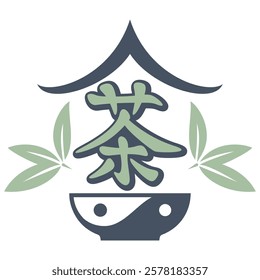 Green and gray tea emblem with traditional Asian design. Inscription in Chinese Tea