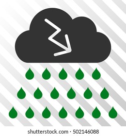 Green And Gray Thunderstorm Rain Cloud toolbar icon. Vector pictogram style is a flat bicolor symbol on diagonal hatch transparent background.