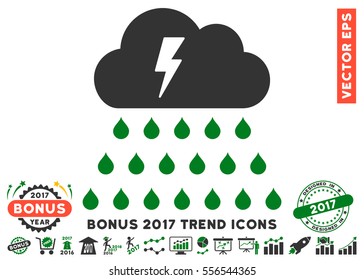 Green And Gray Thunderstorm Rain Cloud icon with bonus 2017 trend design elements. Vector illustration style is flat iconic bicolor symbols, white background.