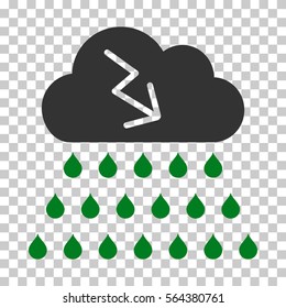Green And Gray Thunderstorm Rain Cloud toolbar pictogram. Vector pictograph style is a flat bicolor symbol on chess transparent background.