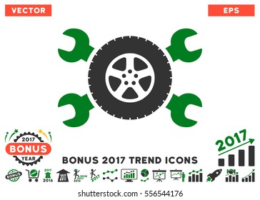 Green And Gray Tire Service Wrenches pictograph with bonus 2017 year trend pictograph collection. Vector illustration style is flat iconic bicolor symbols, white background.