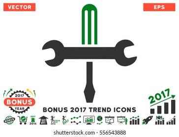 Green And Gray Tools icon with bonus 2017 trend images. Vector illustration style is flat iconic bicolor symbols, white background.