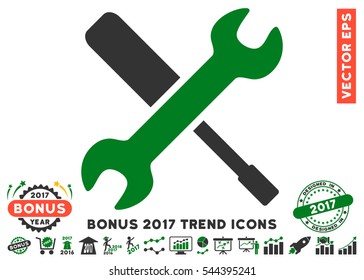 Green And Gray Tools pictograph with bonus 2017 year trend pictograms. Vector illustration style is flat iconic bicolor symbols, white background.