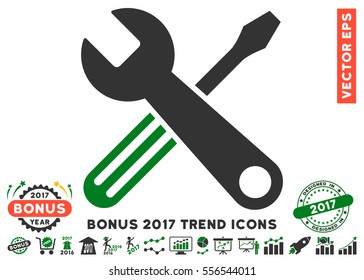 Green And Gray Tools pictograph with bonus 2017 year trend pictures. Vector illustration style is flat iconic bicolor symbols, white background.