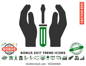 Green And Gray Tuning Screwdriver Care Hands pictograph with bonus 2017 trend elements. Vector illustration style is flat iconic bicolor symbols, white background.