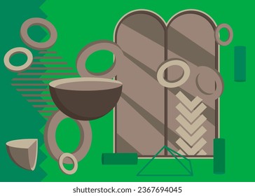 Tema de póster retro gráfico geométrico vectorial verde y gris con elementos geométricos mínimos. Plantilla de formas abstractas vintage.