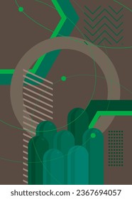 Tema de póster retro gráfico geométrico vectorial verde y gris con elementos geométricos mínimos. Plantilla de formas abstractas vintage.