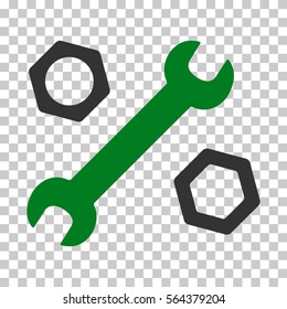 Green And Gray Wrench and Nuts interface pictogram. Vector pictogram style is a flat bicolor symbol on chess transparent background.