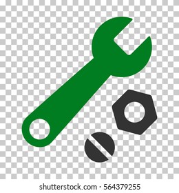 Green And Gray Wrench and Nuts toolbar pictogram. Vector pictograph style is a flat bicolor symbol on chess transparent background.