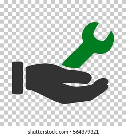 Green And Gray Wrench Service Hand toolbar pictogram. Vector pictograph style is a flat bicolor symbol on chess transparent background.