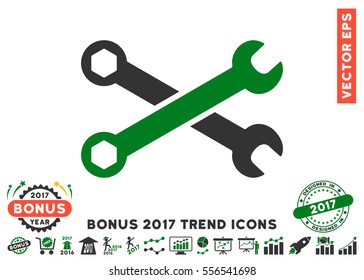 Green And Gray Wrenches pictogram with bonus 2017 year trend symbols. Vector illustration style is flat iconic bicolor symbols, white background.