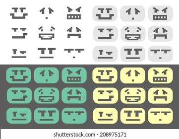 Green, gray, yellow and isolated pixel style different emotions smiles set