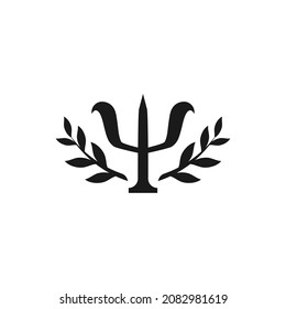 Green Greek letter Psi with laurel leaves crown.  Neuropsychology and psychology logo isolated on white.  Psychotherapy concept. Vector illustration