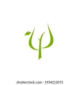 Green Greek Letter Psi  With Leaf.  Neuropsychology And Psychology Logo Isolated On White.  Psychotherapy Concept. Vector Illustration