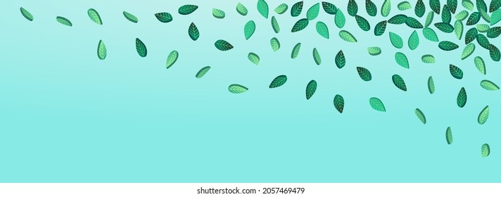 Green Greens Realistic Vector Panoramic Blue Background Background. Motion Leaf Template. Grassy Foliage Spring Plant. Leaves Swirl Branch.