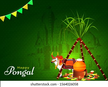 Green greeting card design with sugarcane, mud pot on bonfire and OX character in front of temple for Happy Pongal celebration.