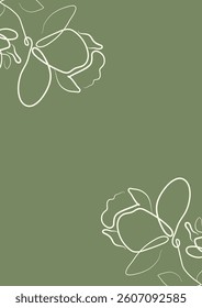 green greeting card or invitation template with flowers, namely with open magnolia buds in line art style	