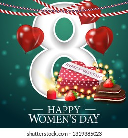 Green greeting postcard for women's day with a large number eight and gift in the shape of a heart