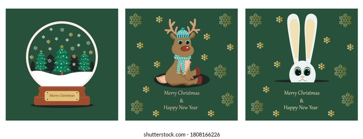 Diseño de la plantilla de tarjetas de juego de felicitaciones verdes. Perfecto para tarjetas de felicitación, invitaciones a fiestas, afiches, pegatinas, pin, scrapbooking, iconos. Ilustración de vectores.Feliz Navidad y Feliz Año Nuevo