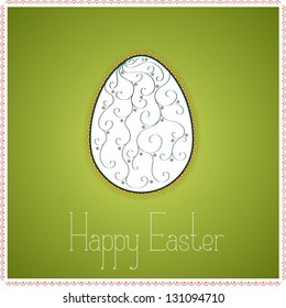 Green greetings card with decorated colorful Easter egg. With text Happy Easter. Vector version