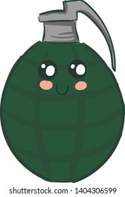 A green grenade with gray pin that has a face on it with black and white eyes, pink cheeks and black lip., vector, color drawing or illustration. 