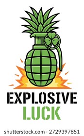 Granada verde com trevo e gráfico explosão, simbolizando sorte e poder explosivo.