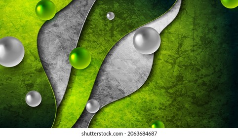 Green grey abstract tech wavy graphic design with 3d glossy circles. Geometric grunge futuristic corporate background. Vector illustration