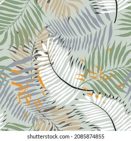 green grey and cream vector seamless leaf pattern on background