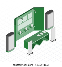 Green and grey exhibition stands.