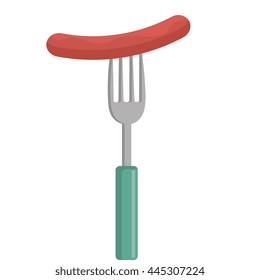green and grey fork with red sausage front view over isolated background, vector illustration 