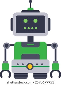 Green and grey friendly robot standing still and showing its mechanical arms, isolated on white background, ideal for technology, innovation and automation related concepts