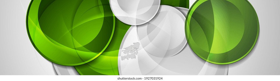 Green and grey glossy circles abstract hi-tech bannner. Geometric vector background