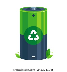 A green and grey rechargeable battery with a recycling symbol in flat vector illustration style, representing the concepts of sustainable energy, e-waste recycling, and eco-friendly technology